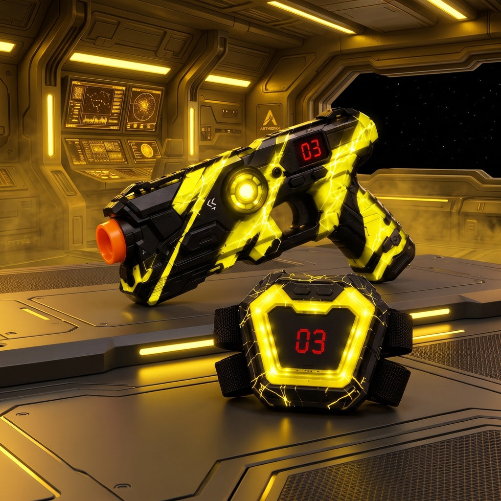 Laser tag gun and vest with yellow team lights in a space station