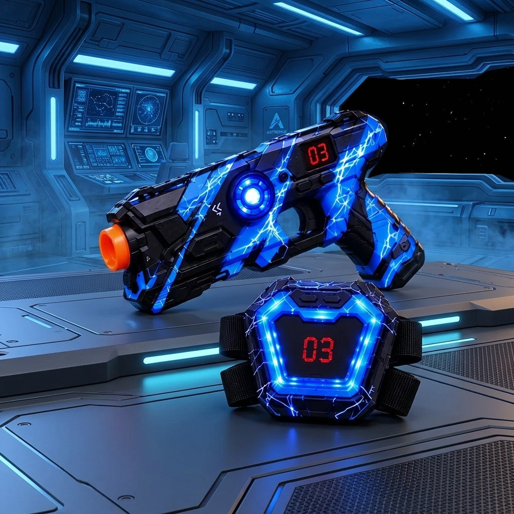 Laser tag gun and vest with blue team lights in a space station