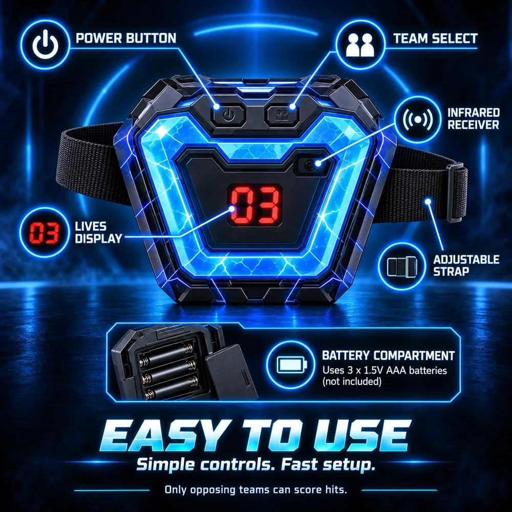 Laser tag vest features: power button, team select, infrared receiver, lives display, adjustable strap and battery compartment