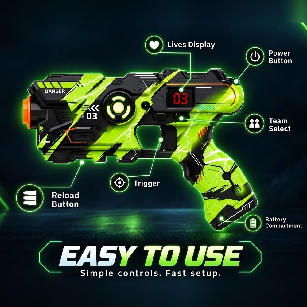 Laser tag blaster controls: lives display, power button, team select, trigger, reload button and battery compartment