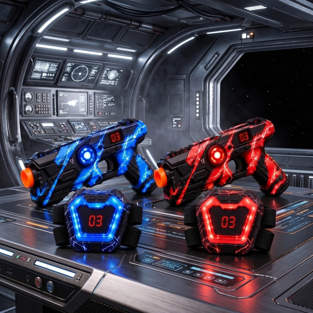 Laser tag 2-player set: two guns and two vests in blue and red