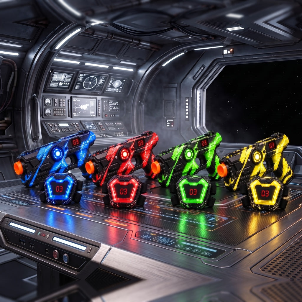 Laser tag 4-player set: four guns and four vests in blue, red, green and yellow