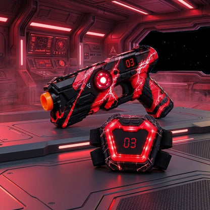 Laser tag gun and vest with red team lights in a space station