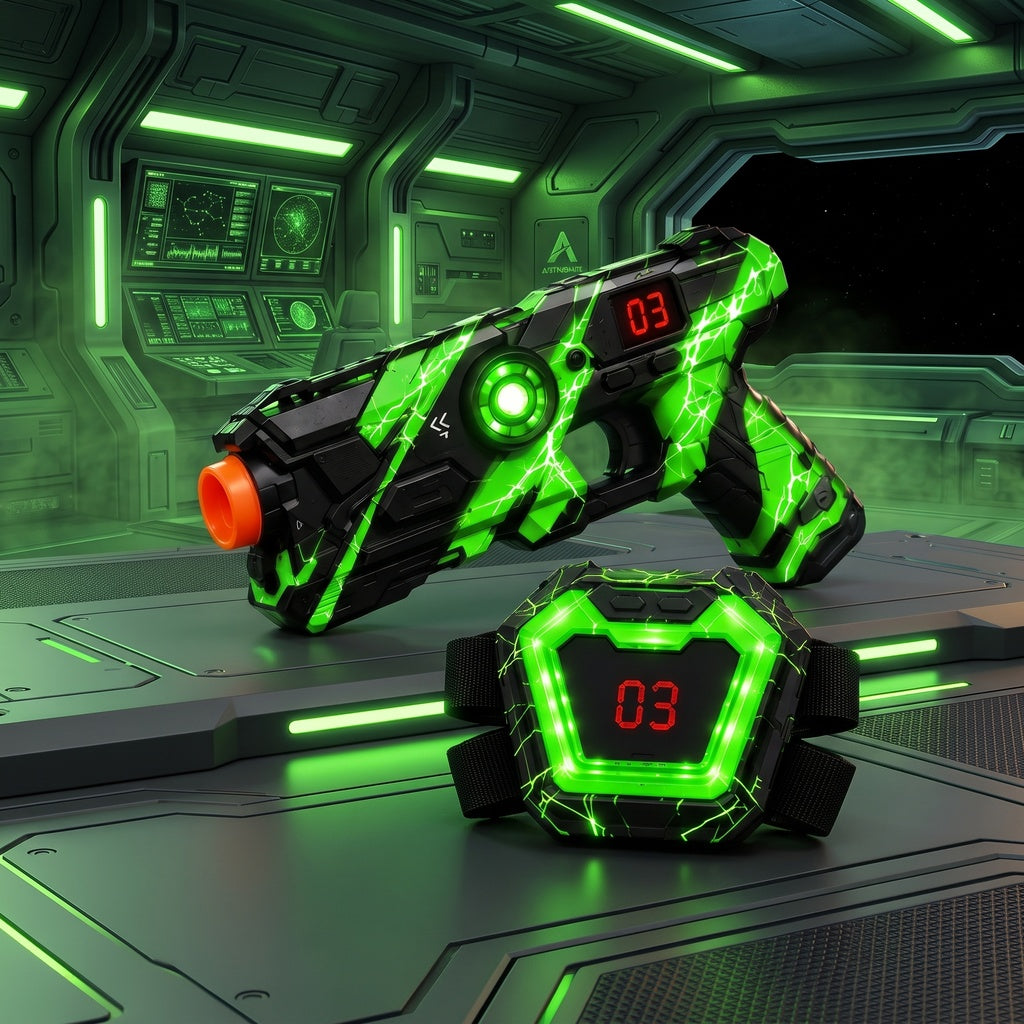 Laser tag gun and vest with green team lights in a space station